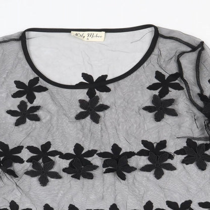 Lily McBee Womens Black Floral Polyester Basic Blouse Size S Round Neck