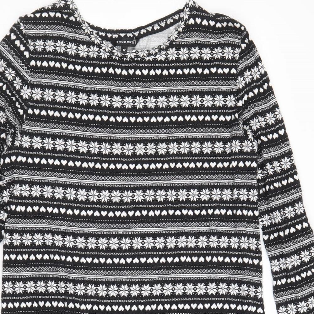 Peacocks Womens Black Fair Isle Viscose A-Line Size 12 Round Neck Pullover