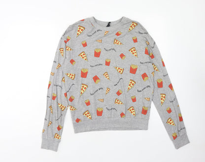 H&M Womens Grey Cotton Pullover Sweatshirt Size S Pullover - Pizza & Fries