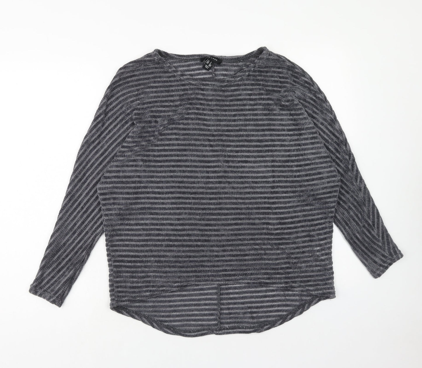 New Look Womens Grey Round Neck Striped Polyester Pullover Jumper Size S