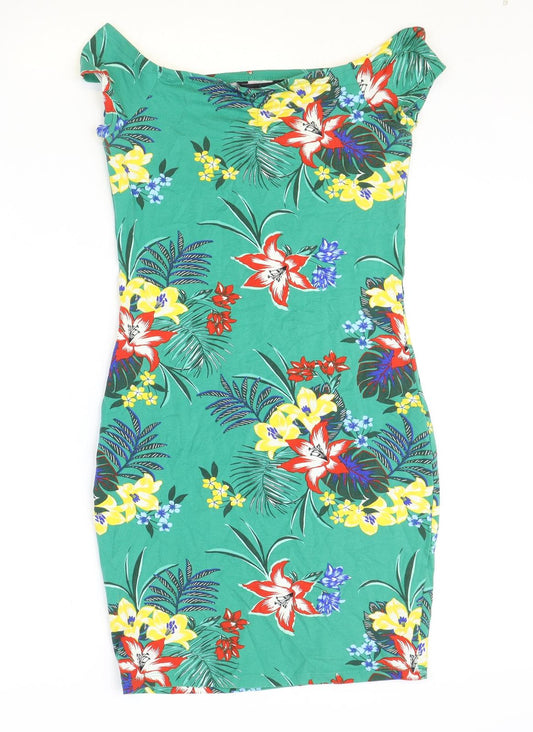 New Look Womens Green Floral Polyester Mini Size 10 Boat Neck Pullover