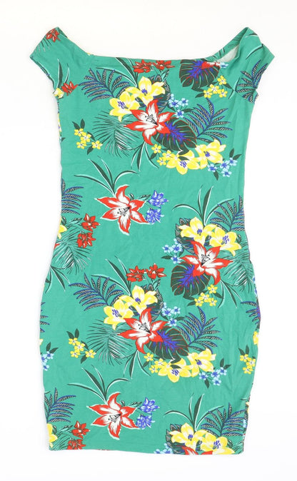 New Look Womens Green Floral Polyester Mini Size 10 Boat Neck Pullover
