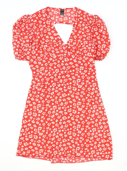 SheIn Womens Red Floral Polyester A-Line Size XS V-Neck Zip