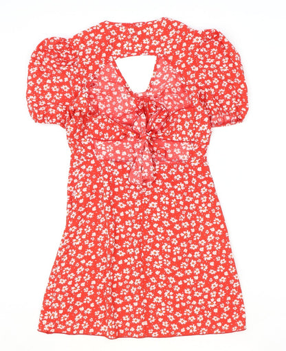 SheIn Womens Red Floral Polyester A-Line Size XS V-Neck Zip