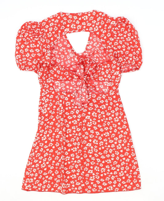 SheIn Womens Red Floral Polyester A-Line Size XS V-Neck Zip