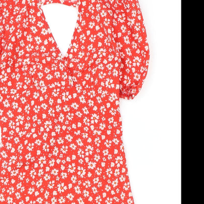 SheIn Womens Red Floral Polyester A-Line Size XS V-Neck Zip