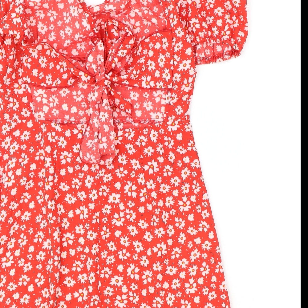 SheIn Womens Red Floral Polyester A-Line Size XS V-Neck Zip