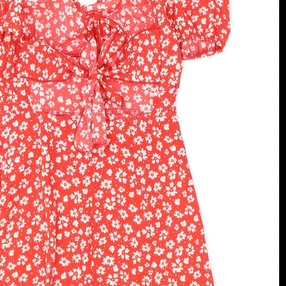 SheIn Womens Red Floral Polyester A-Line Size XS V-Neck Zip