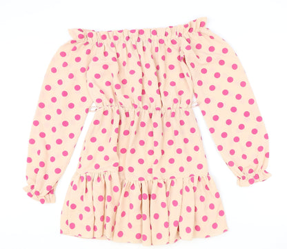 PRETTYLITTLETHING Womens Beige Polka Dot Polyester A-Line Size 8 Off the Shoulder Pullover