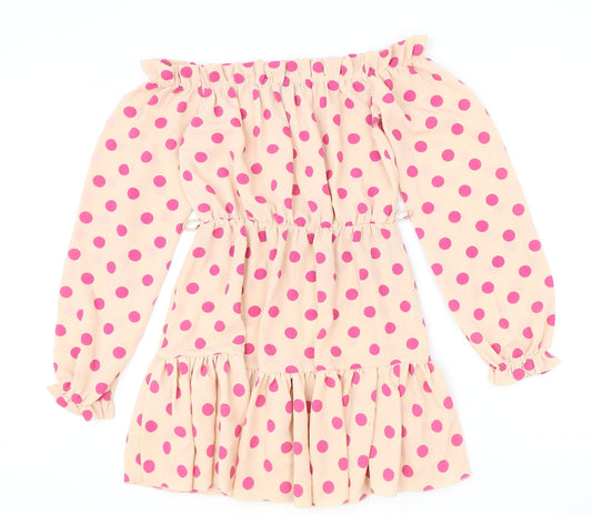 PRETTYLITTLETHING Womens Beige Polka Dot Polyester A-Line Size 8 Off the Shoulder Pullover