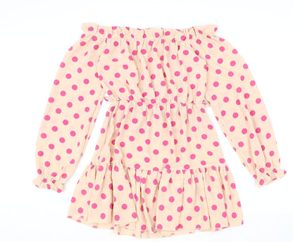 PRETTYLITTLETHING Womens Beige Polka Dot Polyester A-Line Size 8 Off the Shoulder Pullover