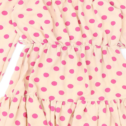 PRETTYLITTLETHING Womens Beige Polka Dot Polyester A-Line Size 8 Off the Shoulder Pullover