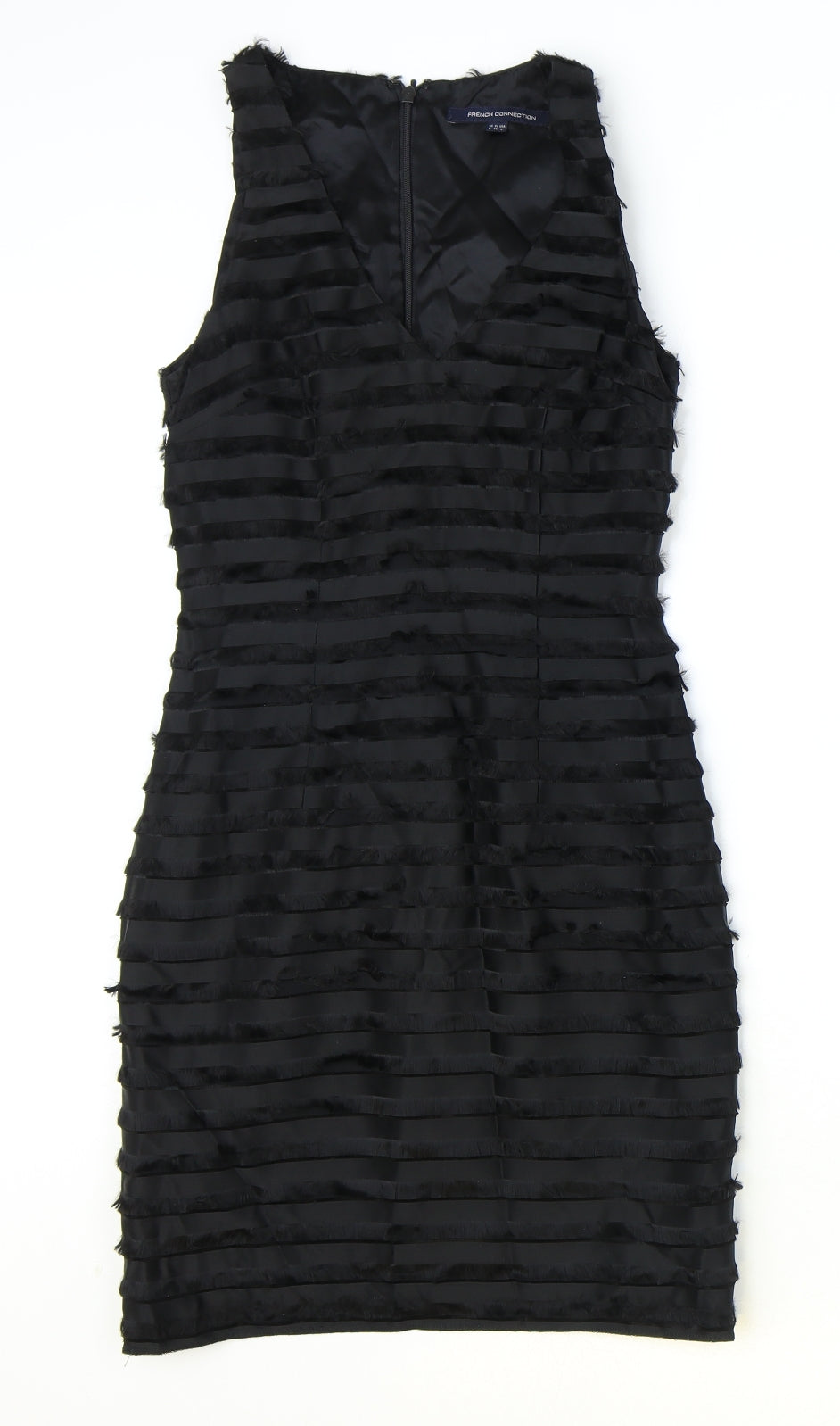 French Connection Womens Black Striped Acetate Bodycon Size 6 V-Neck Zip
