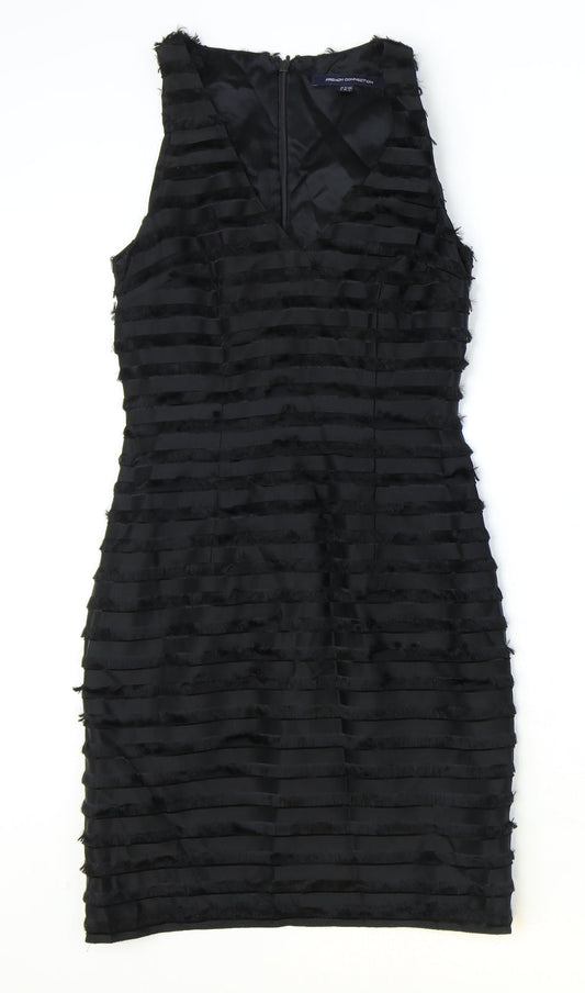 French Connection Womens Black Striped Acetate Bodycon Size 6 V-Neck Zip