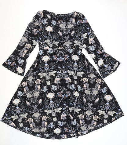 M&Co Womens Black Geometric Polyester Fit & Flare Size 10 Round Neck Zip