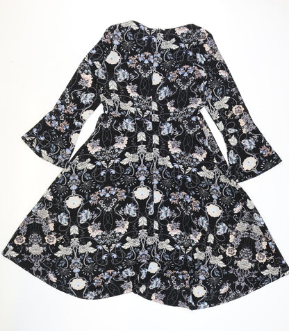 M&Co Womens Black Geometric Polyester Fit & Flare Size 10 Round Neck Zip