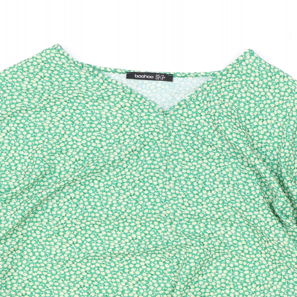 Boohoo Womens Green Floral Polyester Basic Blouse Size 12 V-Neck