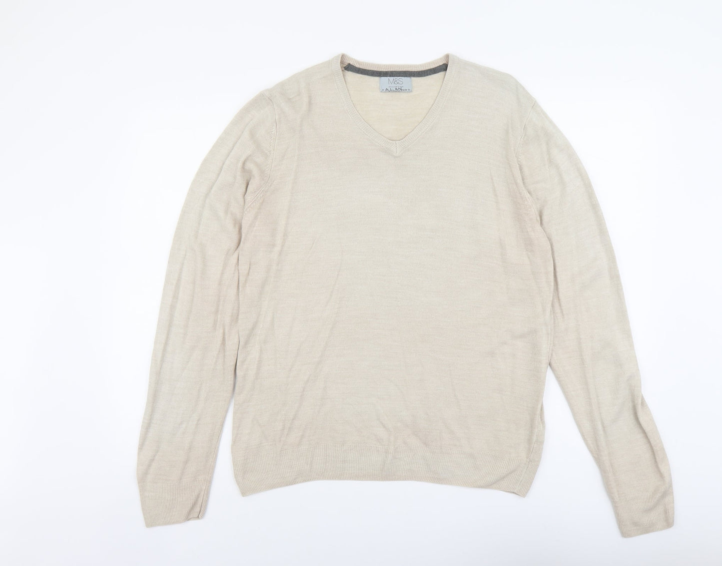 Marks and Spencer Mens Beige V-Neck Acrylic Pullover Jumper Size M Long Sleeve