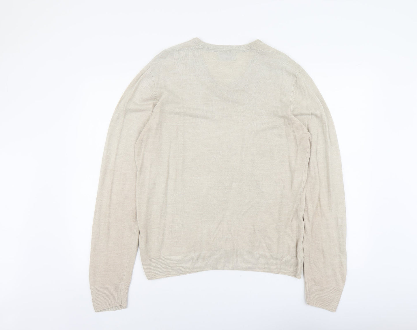 Marks and Spencer Mens Beige V-Neck Acrylic Pullover Jumper Size M Long Sleeve