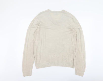 Marks and Spencer Mens Beige V-Neck Acrylic Pullover Jumper Size M Long Sleeve