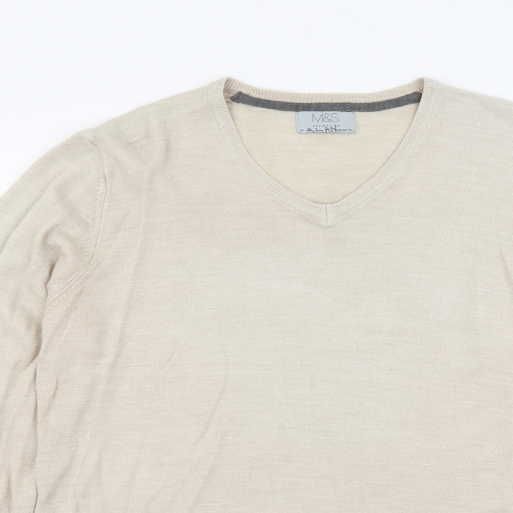 Marks and Spencer Mens Beige V-Neck Acrylic Pullover Jumper Size M Long Sleeve