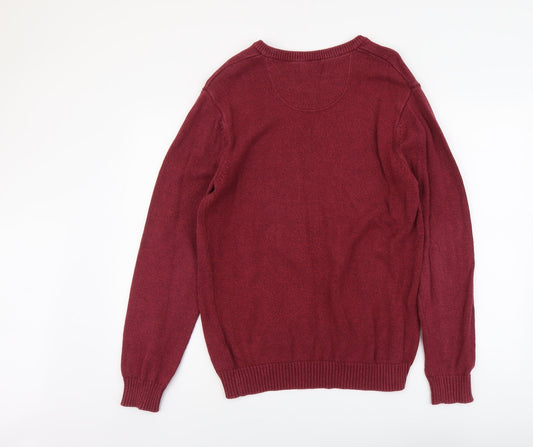 Maine Mens Red V-Neck Cotton Pullover Jumper Size S Long Sleeve