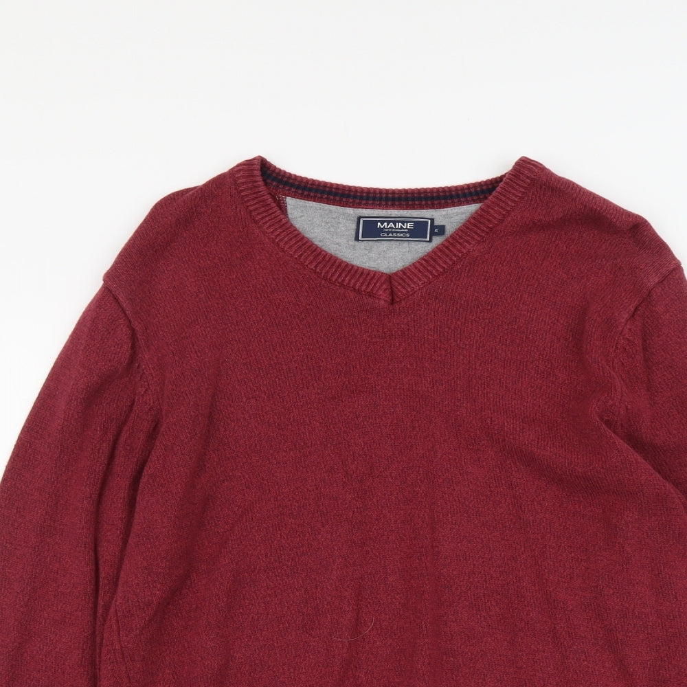 Maine Mens Red V-Neck Cotton Pullover Jumper Size S Long Sleeve