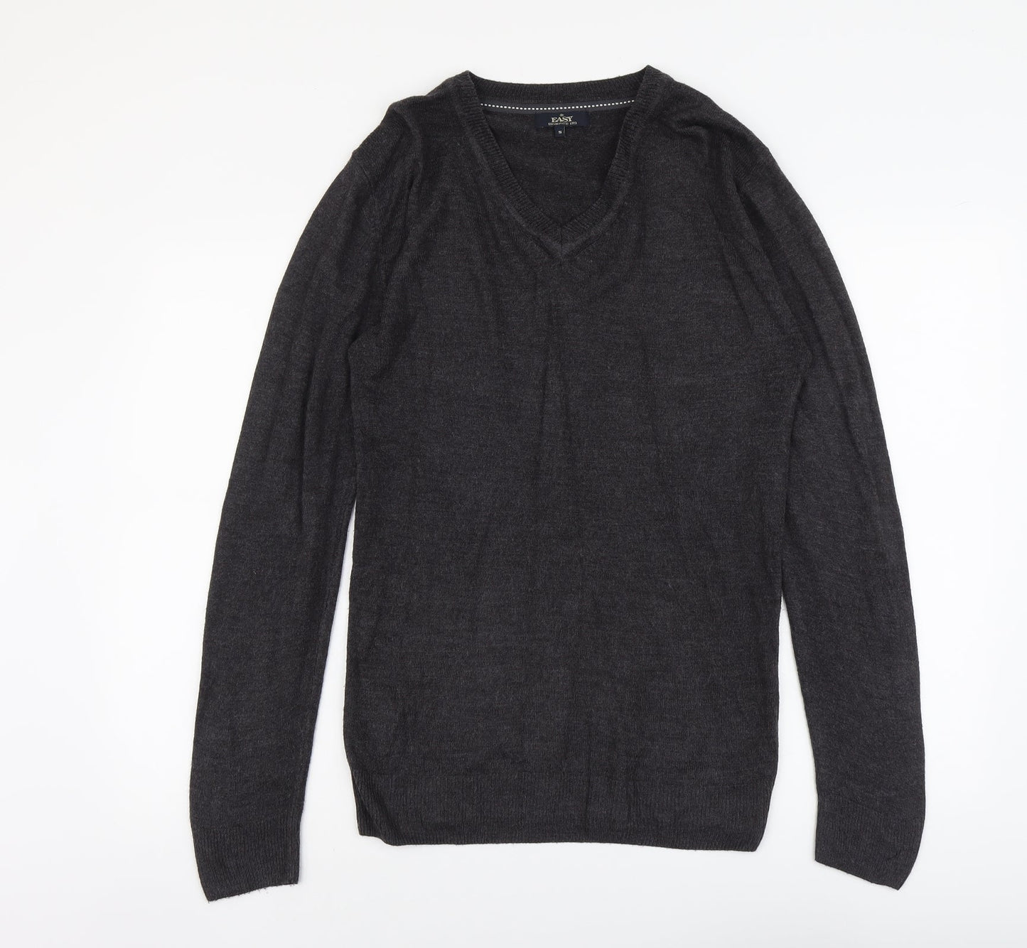 Easy Mens Grey V-Neck Acrylic Pullover Jumper Size S Long Sleeve