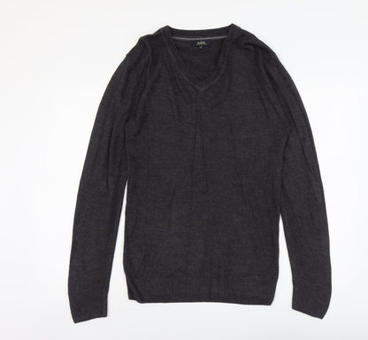Easy Mens Grey V-Neck Acrylic Pullover Jumper Size S Long Sleeve