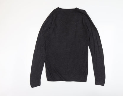 Easy Mens Grey V-Neck Acrylic Pullover Jumper Size S Long Sleeve