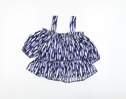 George Womens Blue Geometric Cotton Basic Blouse Size 8 Square Neck - Drop hem