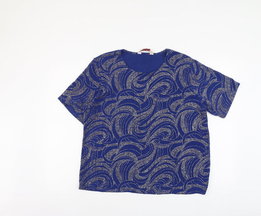 Bonmarché Womens Blue Geometric Polyester Basic T-Shirt Size L Round Neck