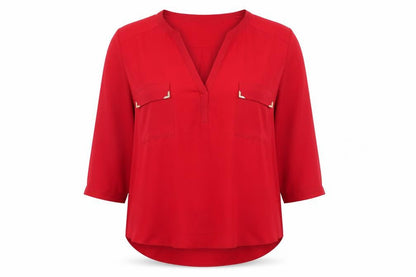 Jolie Moi Womens Red Polyester Basic Blouse Size 10 V-Neck