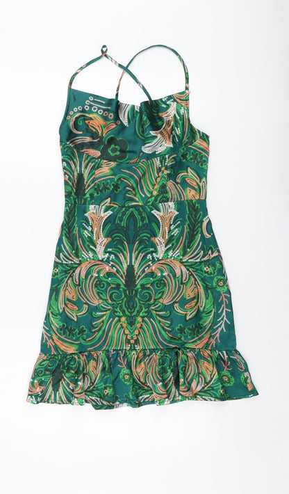 SheIn Womens Green Geometric Polyester Tank Dress Size XS Square Neck Zip