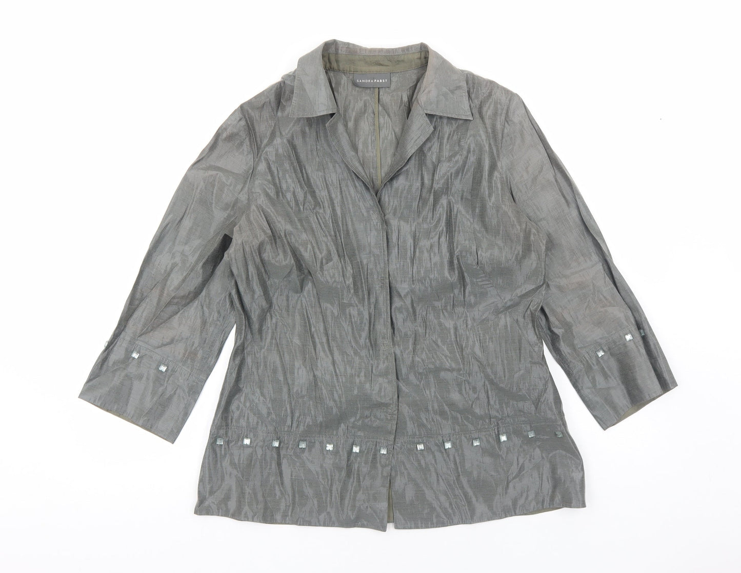 Sandra Pabst Womens Silver Polyester Basic Button-Up Size M Collared