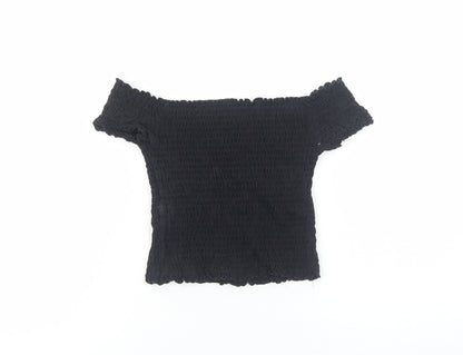 Preworn Girls Black Cotton Cropped Blouse Size 7 Years Off the Shoulder Pullover - Shirred Bardot