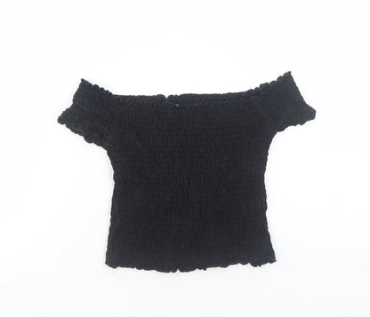Preworn Girls Black Cotton Cropped Blouse Size 7 Years Off the Shoulder Pullover - Shirred Bardot