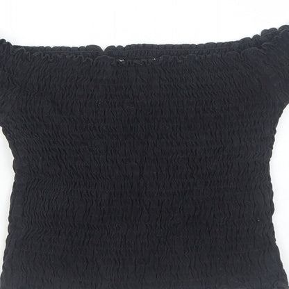 Preworn Girls Black Cotton Cropped Blouse Size 7 Years Off the Shoulder Pullover - Shirred Bardot