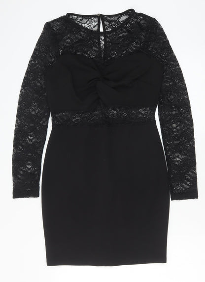 Miss Selfridge Womens Black Polyester Pencil Dress Size 10 Round Neck Button