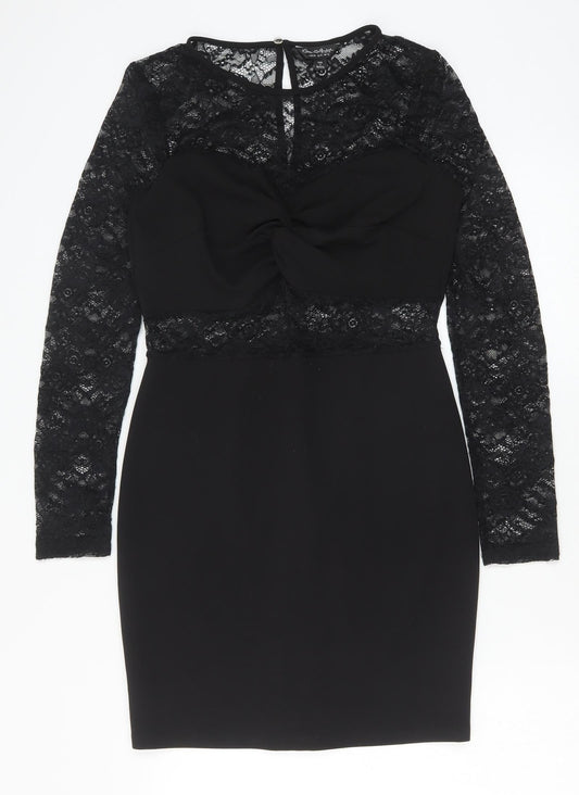 Miss Selfridge Womens Black Polyester Pencil Dress Size 10 Round Neck Button