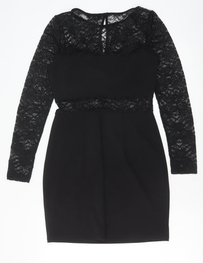 Miss Selfridge Womens Black Polyester Pencil Dress Size 10 Round Neck Button