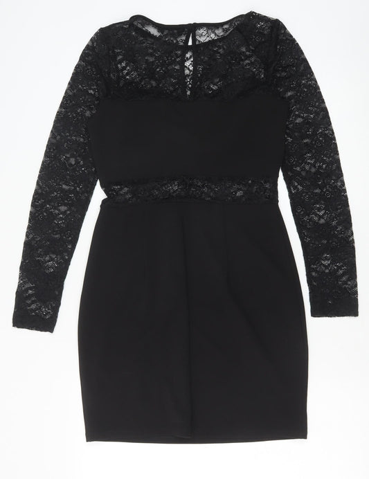 Miss Selfridge Womens Black Polyester Pencil Dress Size 10 Round Neck Button