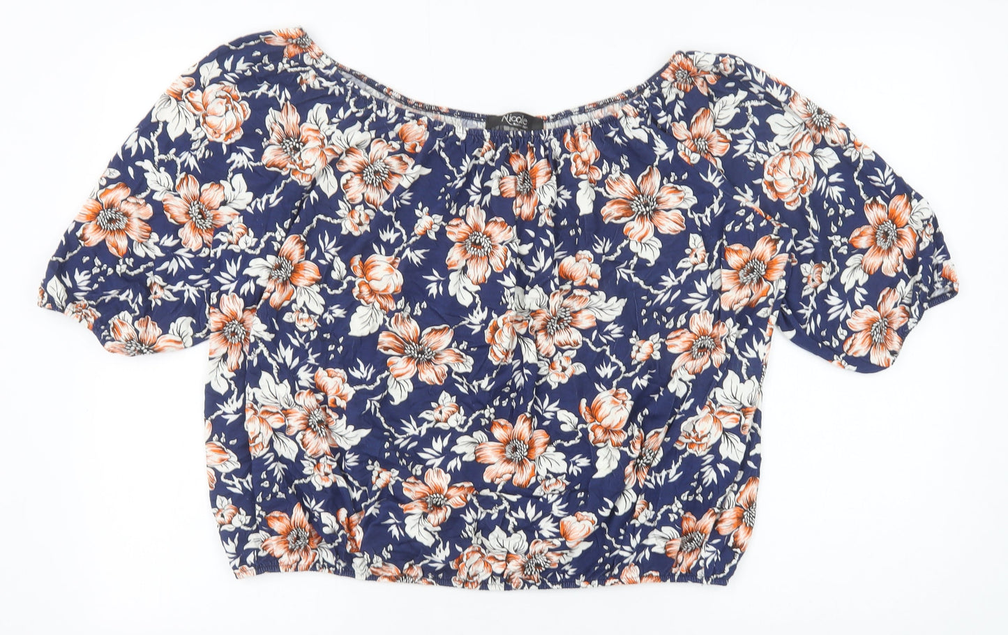 Nicole Collection Womens Blue Floral Viscose Basic Blouse Size L Off the Shoulder