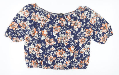 Nicole Collection Womens Blue Floral Viscose Basic Blouse Size L Off the Shoulder