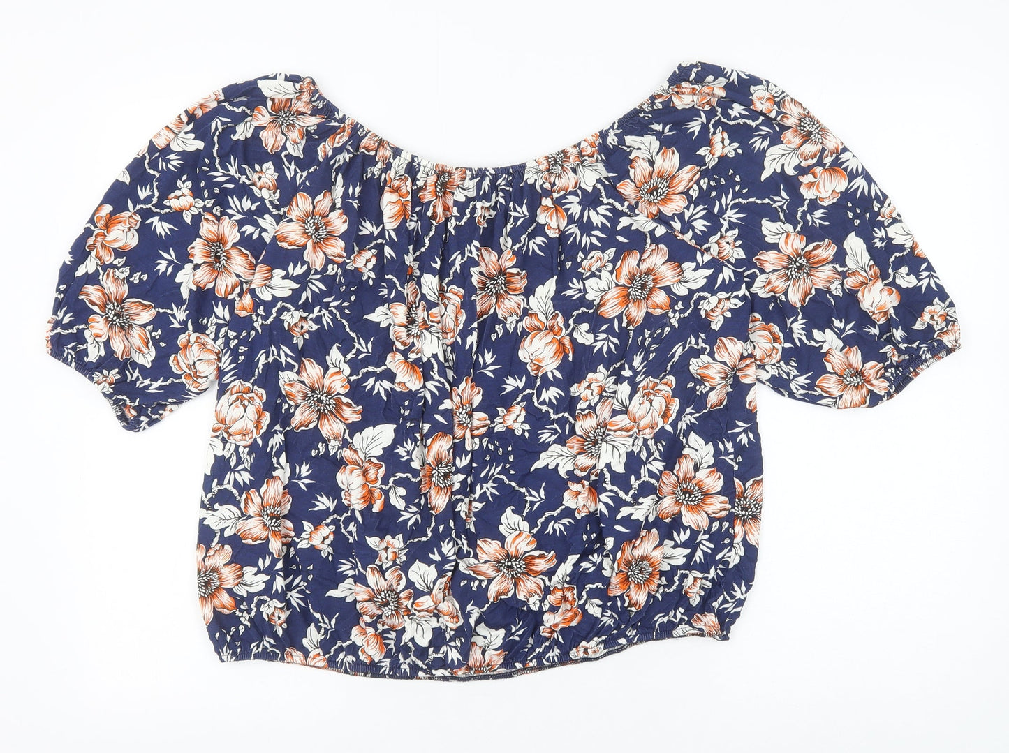 Nicole Collection Womens Blue Floral Viscose Basic Blouse Size L Off the Shoulder