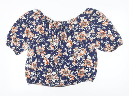 Nicole Collection Womens Blue Floral Viscose Basic Blouse Size L Off the Shoulder
