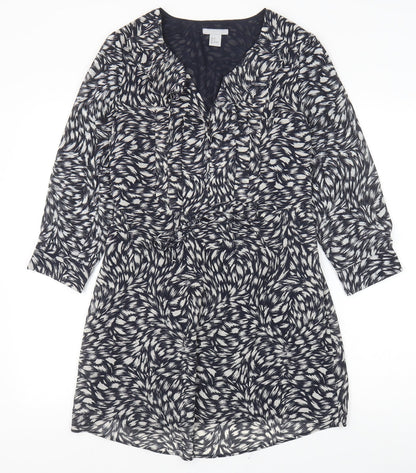 H&M Womens Blue Geometric Polyester A-Line Size S V-Neck Button