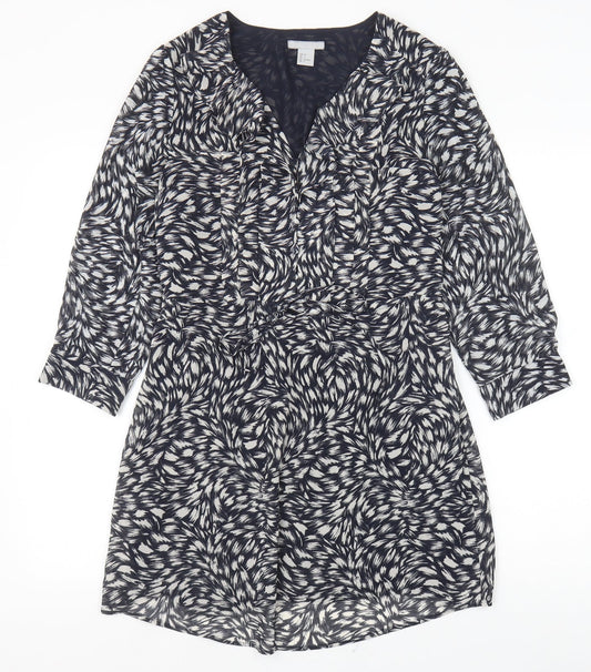 H&M Womens Blue Geometric Polyester A-Line Size S V-Neck Button