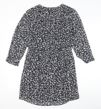 H&M Womens Blue Geometric Polyester A-Line Size S V-Neck Button