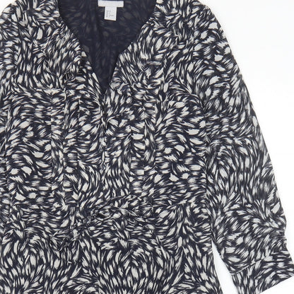 H&M Womens Blue Geometric Polyester A-Line Size S V-Neck Button